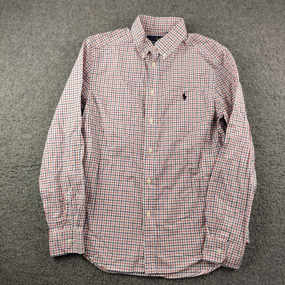 Ralph Lauren Button Up Shirt Red Blue Plaid Size Youth 14-16 Natural Stretch